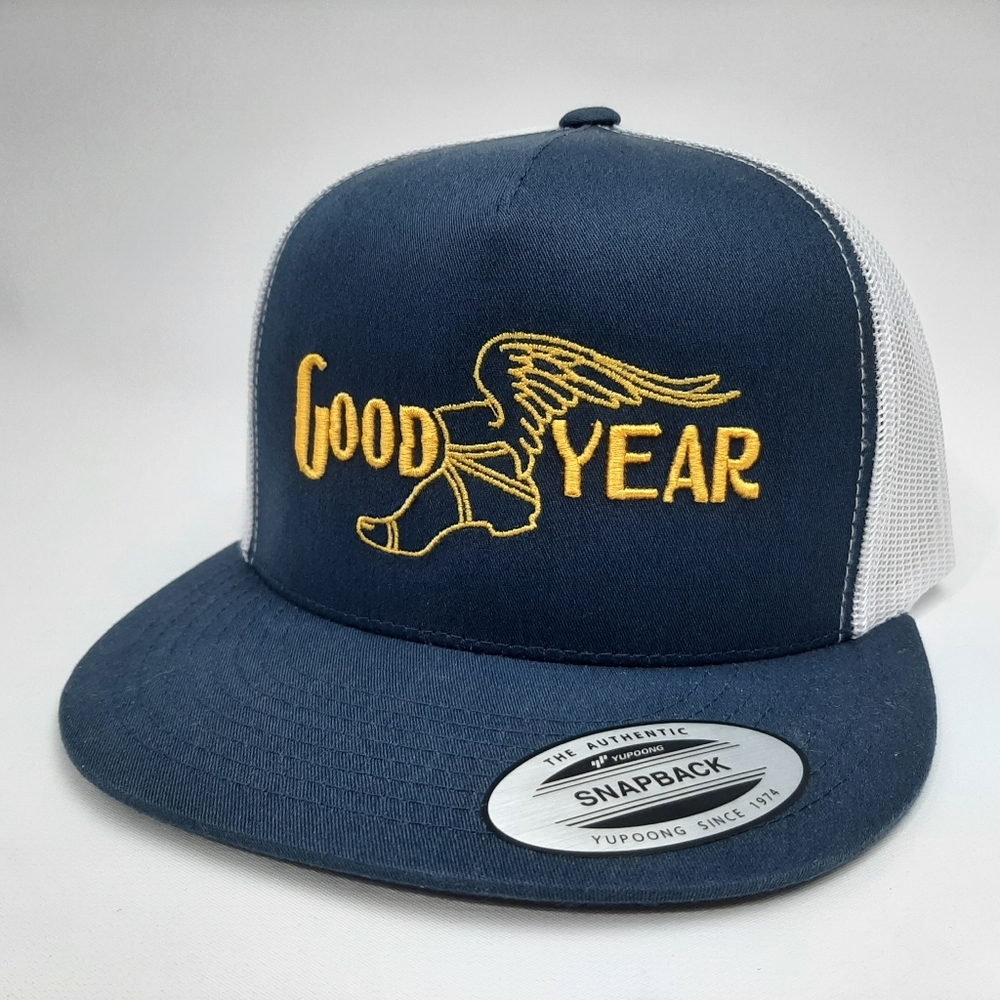 Good Year Flat Bill Trucker Mesh Snapback Hat Cap Embroidered Blue White